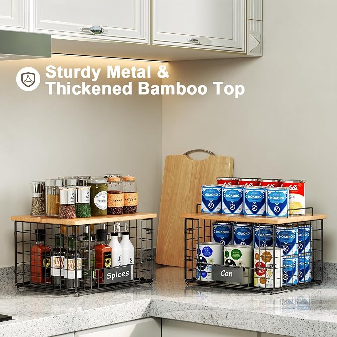 2 Pack Stackable Wire Baskets with Bamboo Top,Pantry Organizers Counter | Potato and Onion Storage Bin with Labels & 2 Pads, Kitchen Organization for Fruit, Vegetable, Produce, Bread, Cabinet - Image 8
