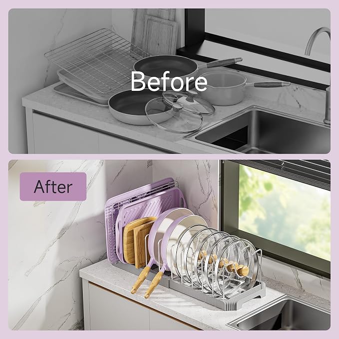MUDEELA Pots and Pans Organizer under Cabinet, Pan Pot Organizer Inside Cabinet, Expandable 12.9''-21.88'' Pot Lid Organizer Holder with 12 Adjustable Dividers for Cutting Boards, Pan Lid Rack, Grey - Image 5