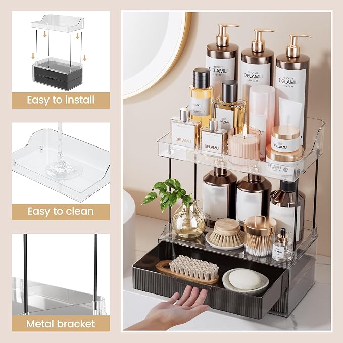 Delamu 4-Tier Makeup Organizer, Bathroom Counter Storage, 2 Drawers,Black | Elegant Vanity Organizer Gift for Women, Holds Perfume, Skincare, Nail Polish & Hair Accessories for Bathroom Countertop - Image 7
