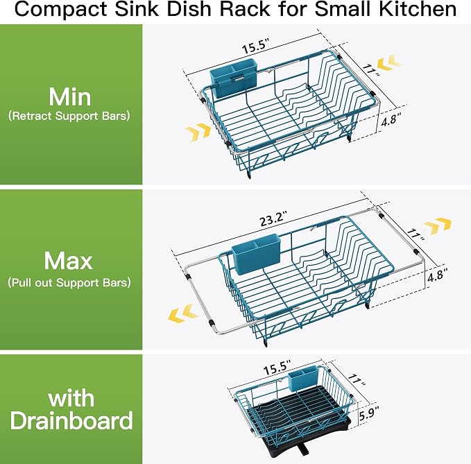 JASIWAY Blue Dish Drying Rack in Sink with Drainboard and Utensil Holder | Use Over the Sink or Counter, Stainless Steel Expandable Dish Drainer for Small Kitchen, Space Saving, Fast Drain, Rustproof - Image 6