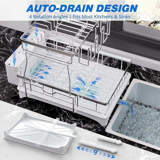 2-Tier Dish Drying Rack - 304 Stainless Steel Dish Rack Auto Drain | Dish Racks for Kitchen Counter, Dish Drainer with Knife Fork & Cup Rack, Gifts for Women, Mothers Day, Kitchen Gadget, Silver - Image 4