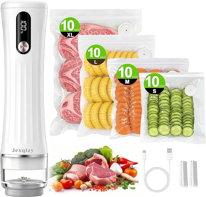 Vacuum Sealer for Food (Compact Vacuum Sealer Machine + 40 Reusable Vacuum Bags), Handheld Vacuum Food saver with LED Display for 10X Preservation, Powerful 80Kpa Portable Vacuum Sealer by Jexqizy