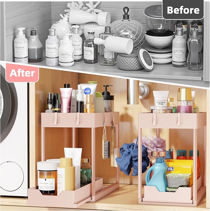 Simple Trending Under Sink Organizer 2 Pack, with Sliding Drawer, Pink | 2-Tier Multi-Use Under Shelf Organizer with Hooks, Sink Pull-Out Sliding Storage Cabinet for Kitchen Bathroom, Easy Assembly - Image 3