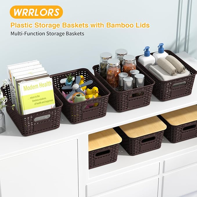 6 Pack Plastic Storage Baskets,Brown bamboo lid storage Box | Labels, Stackable, For Organizing Shelves Pantry Drawers Desktop Closets Organizing Desktop Closet Playroom Classroom - Image 2