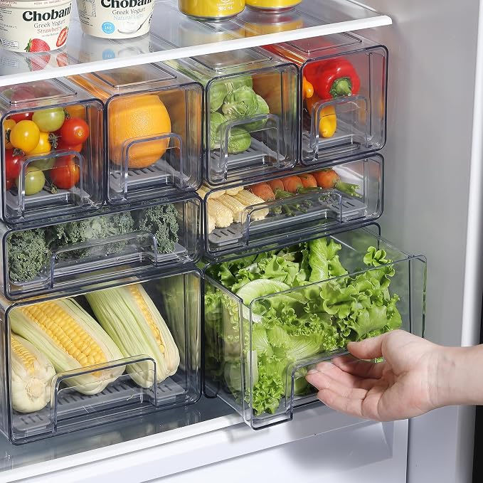 Refrigerator Organizers and Storage Drawers (2PCS, Medium) | Produce Water Draining, BPA Free, Stackable, Clear, Fruit and Veggie Organization, Pull Out Bins - Image 8