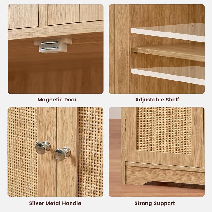 Iwell Tall Storage Cabinet, Rattan Cabinet with 2 Drawers & Adjustable Shelf, Kitchen Pantry Storage Cabient, Entryway Cabinet for Living Room, Dining Room, Home Office, Natural - Image 9