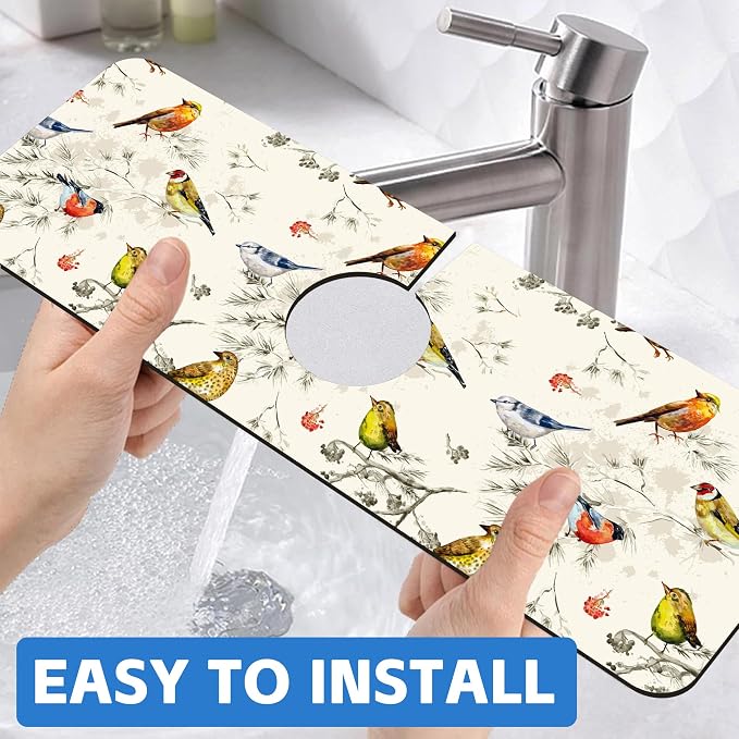 Vintage Watercolor Birds Dish Drying Mat for Kitchen Sink Splash Guard Behind Faucet Sink Mat Absorbent Fast Drying Faucet Draining Mat for Bathroom Kitchen 5.5"×15" - Image 6