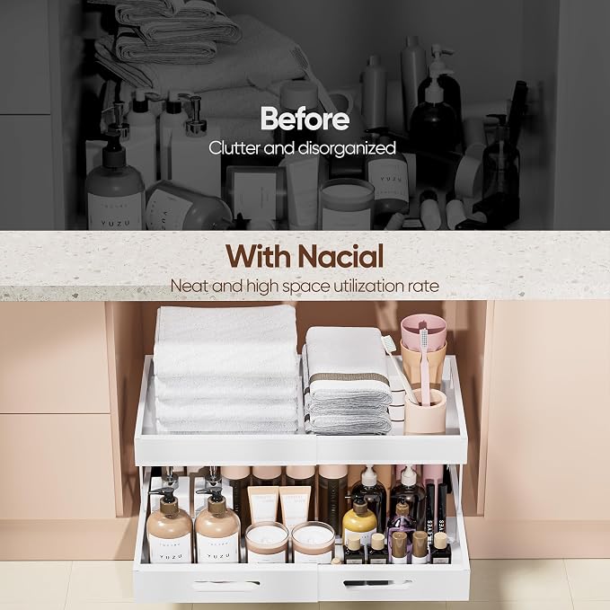 Nacial 2 Tier Pull Out Cabinet Organizer,Expandable(12.3"-20.7" W),White | Slide Out Cabinet Drawer with Adhesive Nano Film, Adjustable Heavy Duty Roll Out Shelves for Kitchen Pantry Bathroom Storage - Image 3