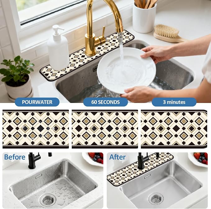 2 Pcs Minimalist Style Kitchen Sink Splash Guard Faucet Mat Black and Gold European-Style Plaid Pattern Faucet Mat for Sinks Absorbing Drying Mats for Kitchen Bathroom, 23.6x5.5inch - Image 5
