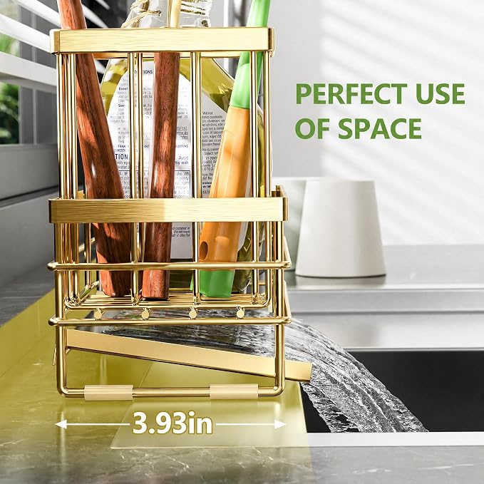 Cisily Gold Sink Caddy Sponge Holder for Kitchen with Brush Holder and Stainless Steel Self Drain Tray, Rustproof Kitchen Sink Organizer for Sponge, Soap Dispenser Storage Accessories - Image 5