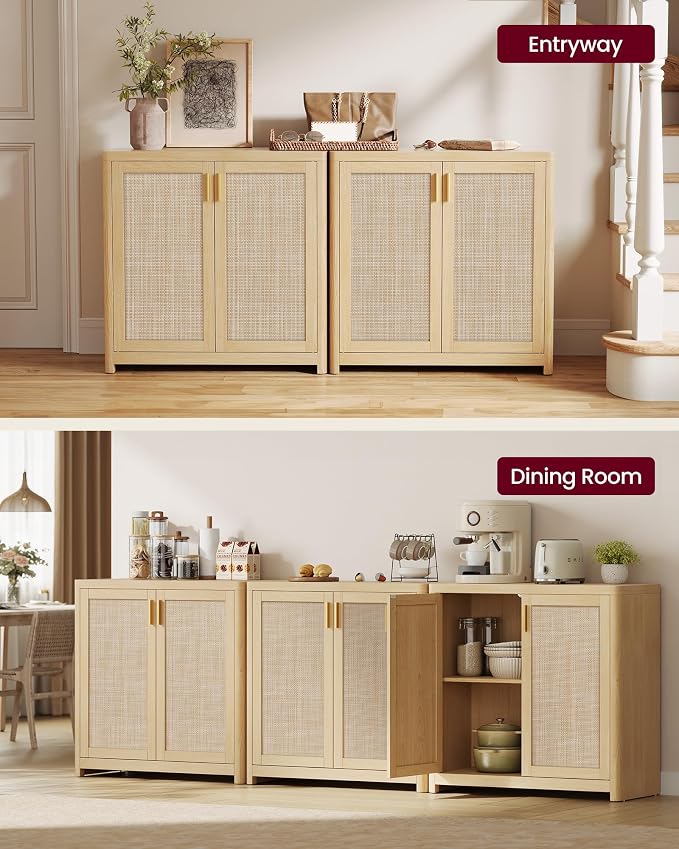VASAGLE ELLAN Collection - Boho Buffet Cabinet with Rattan-Look Doors, Sideboard Storage Cabinet, Rounded Corners, Adjustable Shelf, for Kitchen, Oak Beige UBBK345YC01 - Image 7