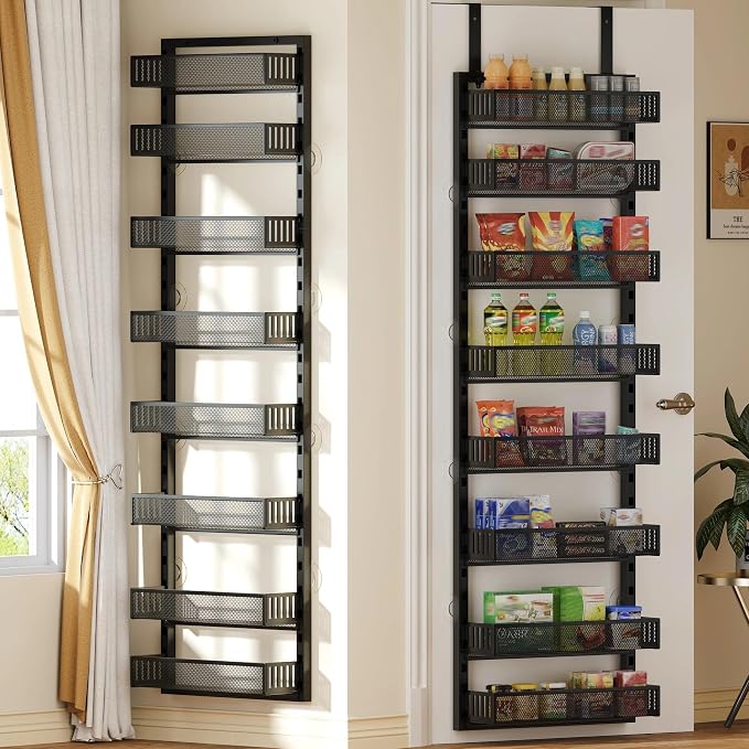 8-Tier Over the Door Pantry Organizer with Adjustable Baskets | Over the Door Spice Rack, Wall-Mounted or Hanging Shelves for Kitchen, Laundry Room, Bathroom(Black,15.35"W x 5.2"D x 72.6"H) by SEFILENCE