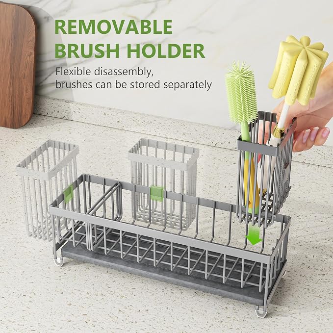Cisily Extra Large Sink Caddy Organizer with Drying Stone, Gray Sponge Holder for Kitchen, Dish Brush Holder for Countertop, Kitchen Decor Storage and Essentials - Image 5