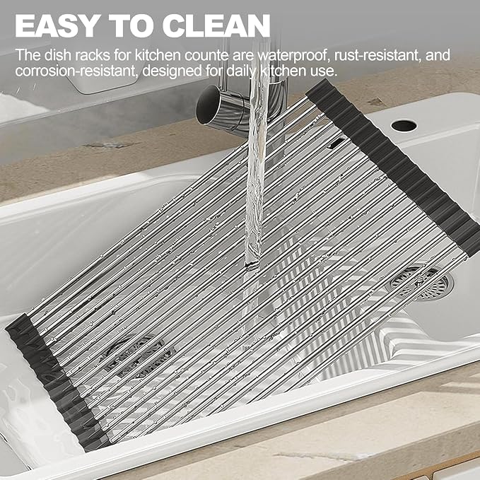 NEZUIBAN Dish Drying Rack with Roll Up and Over Sink for Kitchen,20.5"x13.8",Black - Image 5