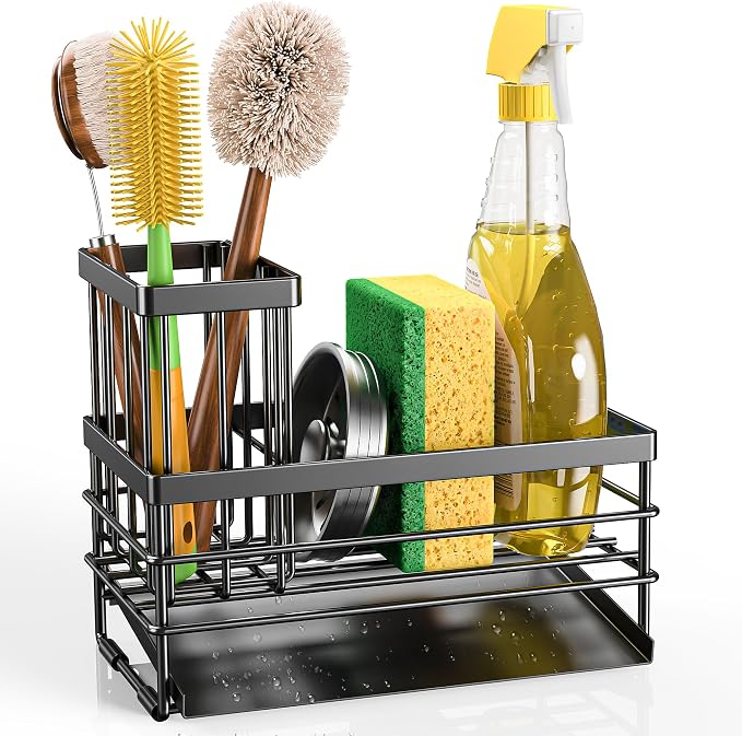 Cisily Sink Caddy Sponge Holder for Kitchen with Brush Holder and Stainless Steel Self Drain Tray, Rustproof Kitchen Sink Organizer for Sponge, Soap Dispenser Storage Accessories - Image 8