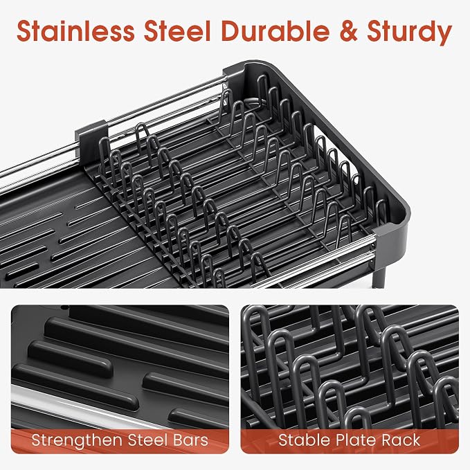 TOOLF Expandable Dish Drying Rack with Cutlery Holder, Standard, Black | Stainless Steel &PP, Extenable 12.6"-18.7"D, Anti-Rust, Auto-Drainage, Space-Saving, Fit for RV, Apartment Sink Countertop - Image 8