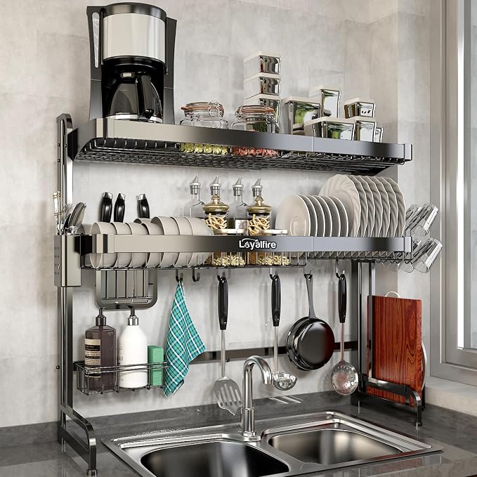 Loyalfire Over Sink Dish Drying Rack, 3 Tier Adjustable Length (20.87'' to 37.6'') Full Stainless Steel Large Storage Kitchen Dish Rack, Expandable Drainer Shelf Rack with Multifunctional Organizers by Loyalfire