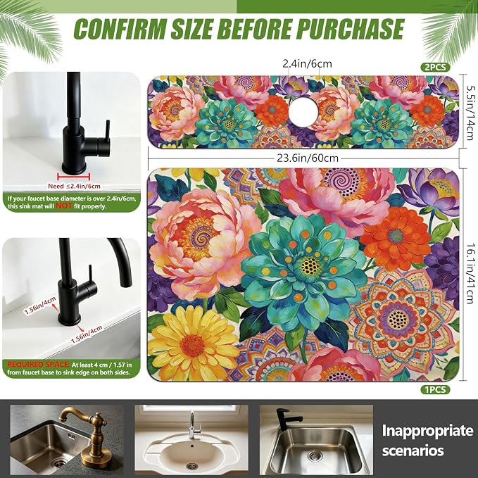 3 Pcs 2 Size Kitchen Sink Splash Guard Faucet Mat Datura Flowers Pattern Faucet Mats for Sinks Colorful Flower Absorbing Drying Mat for Kitchen Bathroom - Image 2