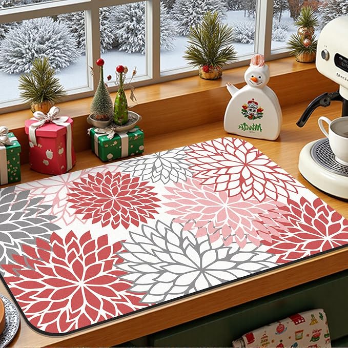 Findosom 2PCS 12" x 20" Christmas Dish Drying Mat & 24" x 5.5" Sink Splash Guard, Super Absorbent & Cuttable Dish Mat Drying Kitchen Mat with Red Floral, Hide Stain Drying Mat for Kitchen Counter - Image 6