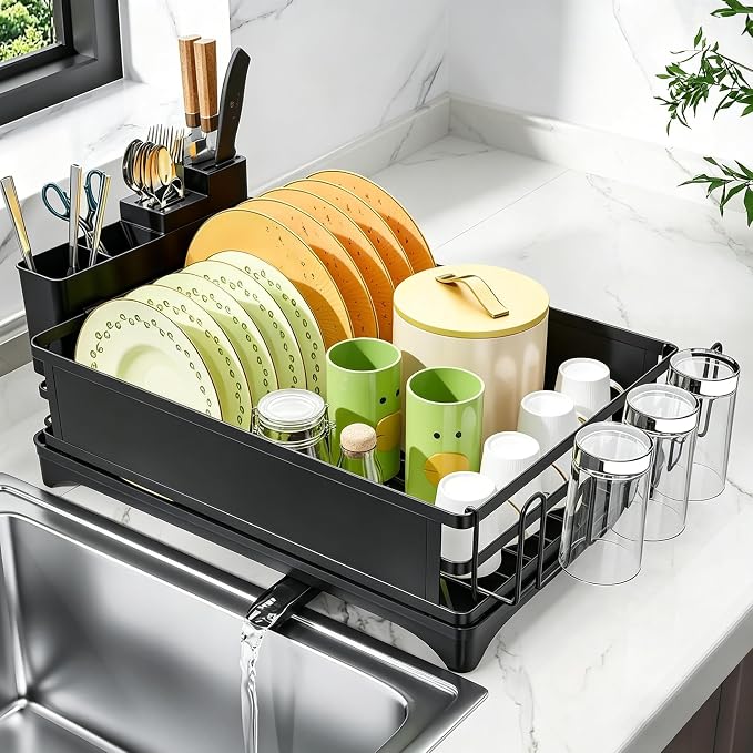 Simple Trending Dish Drying Rack for Kitchen Counter, 11.7" x 16.5", Black | Stainless Steel Dish Rack for Kitchen Counter, Dish Drainer with Cutlery & Cup Holders, Anti-Rust, Counter Space Saving by SimpleTrending