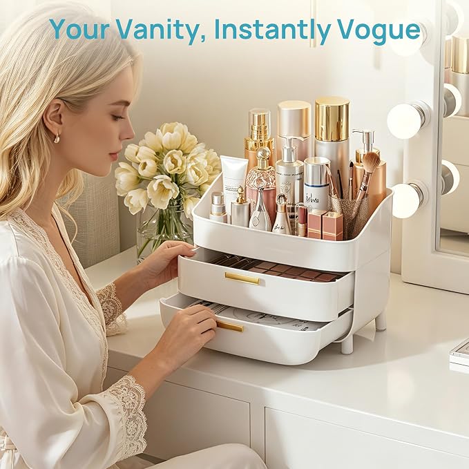 Vtopmart 3-Tier Skincare Makeup Organizer with Drawers, White | For Vanity,Dresser and Bathroom Countertop, Large Cosmetic Storage Box Case, , With Drawer, Non-Slip Base - Image 6