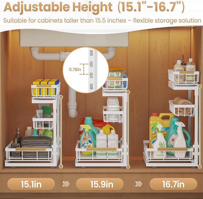 Under Sink Organizer and Storage for Bathroom and Kitchen - 1 Pack 3 Tier | Cabinet Pull Out Shelf Organizers - Slide Out Drawer Organization for Home Cabinets Shelves and Drawers - Image 4