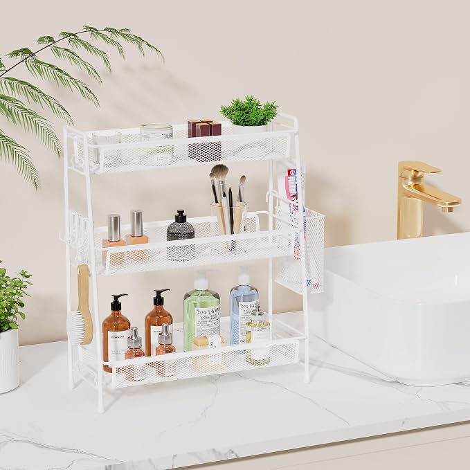 VITVITI 3 Tier Bathroom Organizer Countertop, Counter Storage Shelf, White | Metal Wire Mesh Bathroom Counter Organizer with Basket Hooks, Vanity Tray, Kitchen Spice Rack - Image 2