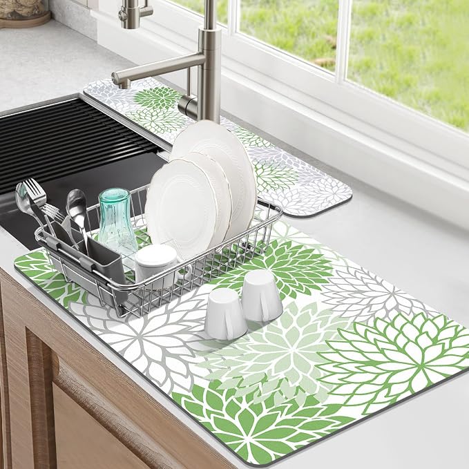 Findosom 2PCS 12" x 20" Dish Drying Mat & 24" x 5.5" Sink Splash Guard, Super Absorbent & Cuttable Dish Mat Drying Kitchen Mat with Green Floral, Hide Stain Drying Mat for Kitchen Counter by Findosom