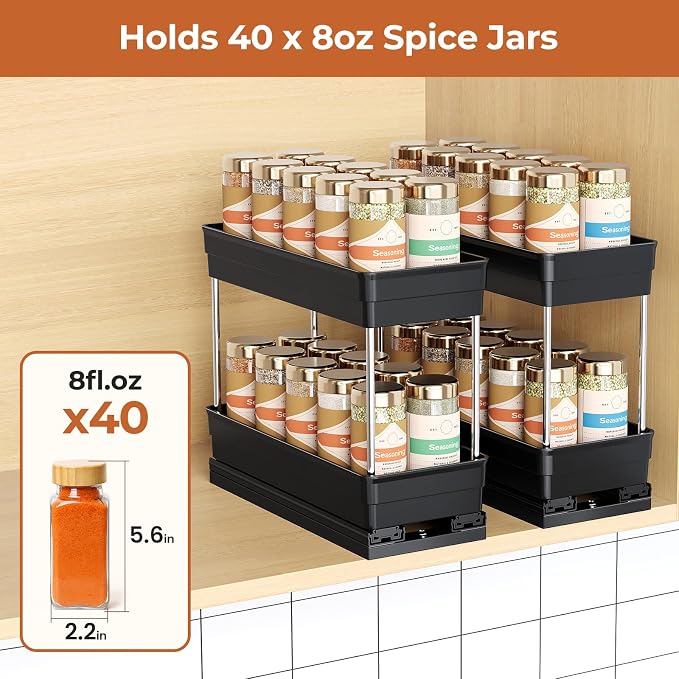 Pull Out Spice Rack Organizer for Cabinet, 2 Pack 2 Tier Sliding Spice Rack | Dual Rail, Slide Out Seasoning Organizer for Kitchen Cabinets, No Drill Installation, Space Saving Cabinet Storage Organizer - Image 3