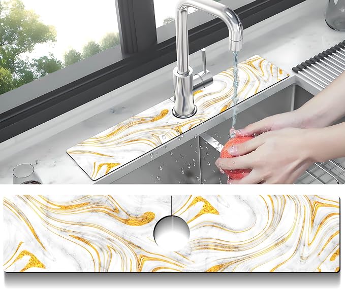 Kitchen Sink Splash Guard Faucet Mat Super Absorbent Fast Drying Mat Sink Gadgets Splash Guard Behind Faucet Drip Catcher for Kitchen (Marbling, 23.5x5.5in) - Image 2