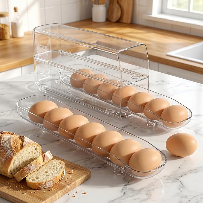 theaoo Auto Rolling Egg Dispenser for Refrigerator with Quick Removable Inner Tray, Space-Saving Egg Organizer and Holder, Egg Storage Container for Fridge, Easy to Load and Grab Eggs (2 Pack) - Image 5