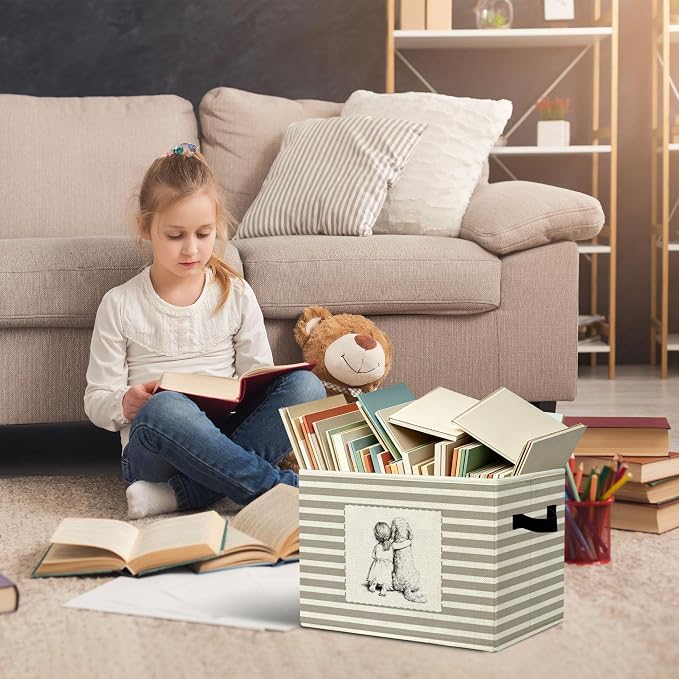 Rustic Girl and Dog Storage Bins Boxes Handles | grey striped nursery foldable basket for organizing bedroom toddler playroom - Image 5