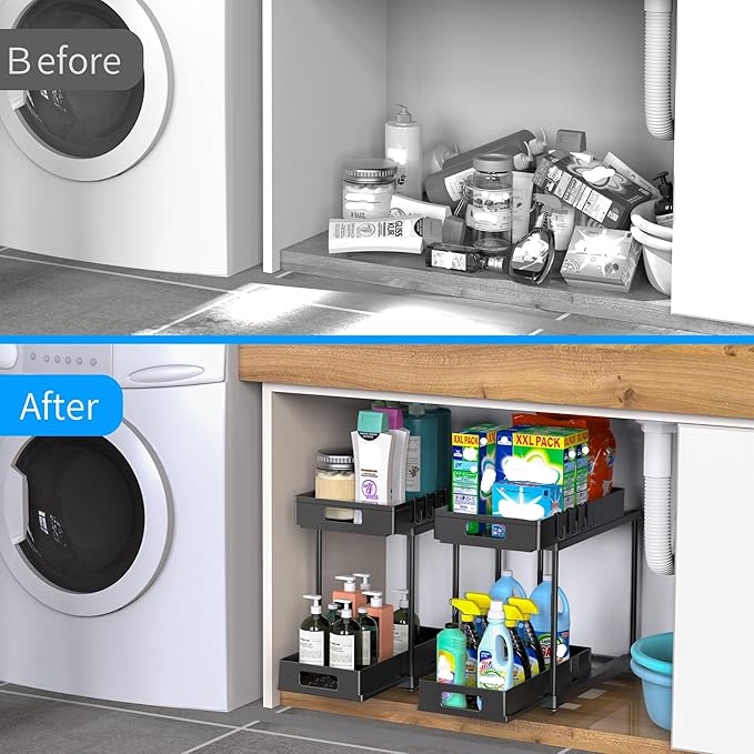 2 Pack Under Sink Organizer with Double Pull-Out Drawer, Black | 2-Tier Cabinet Storage, Kitchen & Bathroom, Tool-Free Assembly, Fits Cleaning Supplies & Toiletries, Space Saving - Image 2