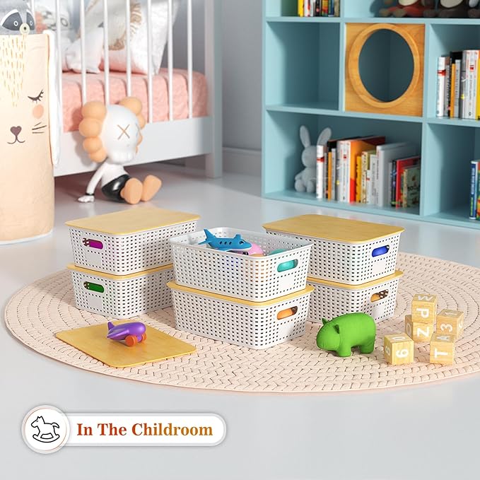 Ohmlove 6 Pack Plastic Storage Baskets with Bamboo Lids for Organization | Stackable Storage bins, Storages Baskets for Organizing Shelves Drawers Desktop Closet Playroom Classroom Office, Cream White - Image 5