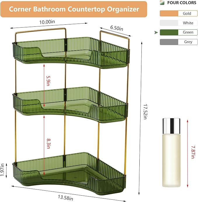 Corner Bathroom Counter Organizer Bathroom Countertop Shelf Makeup Organizer for Vanity Perfume Tray for Corner Storage (3 Tiers, Green) - Image 2