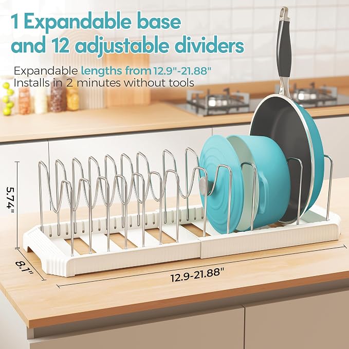 Expandable Pan Organizers Inside Cabinet with 12 Dividers White | Extends 12.9-21.9", Holds cookie sheets, cutting boards, pot lids and pans, iron dividers, plastic base, under cabinet rack - Image 3