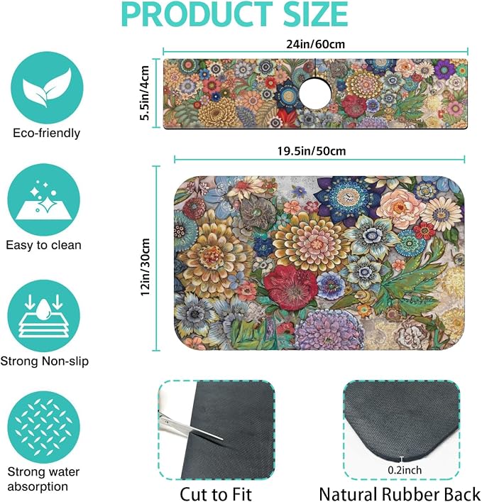 Dish Drying Mat for Kitchen Counter Matt, 2PCS 19"x12" Dish Drainer Mat & 24"x5.5" Sink Splash Guard, Super Absorbent Non-slip Rubber Backed - Image 2