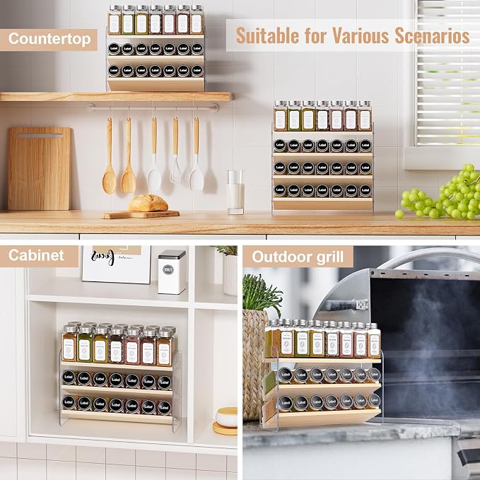 MUDEELA 3 Tiered Spice Rack Organizer for Cabinet, (No Jars Included) | Clear Vertical Spice Shelf, Wooden Seasoning Organizer for Countertop, Kitchen, Pantry, Freestanding, 13.3" W × 11.2" H - Image 5