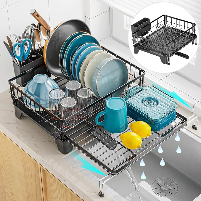 GSlife Expandable Dish Drying Rack - Over Sink & Countertop Use, Black | 12.6"-22.4" Adjustable Length, Extra Drying Space, Auto-Drain Spout, Large-Capacity, Removable Utensil Holder, Rust-Resistant by GSlife