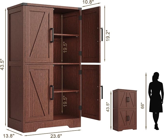 Treocho Farmhouse Bathroom Floor Cabinet with Adjustable Shelves | 13.78"D x 23.62"W x 43.46"H, Freestanding Kitchen Pantry Cabinet, Cupboard for Living Room, Dining Room, Walnut - Image 2