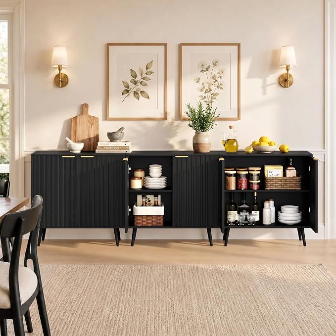 Set of 3 Fluted Storage Cabinet, Buffet Cabinet with Storage, Wood Sideboard with Adjustable Shelf, Modern Accent Cabinet & Console Table for Entryway, Living Room, Dining Room, Black - Image 4