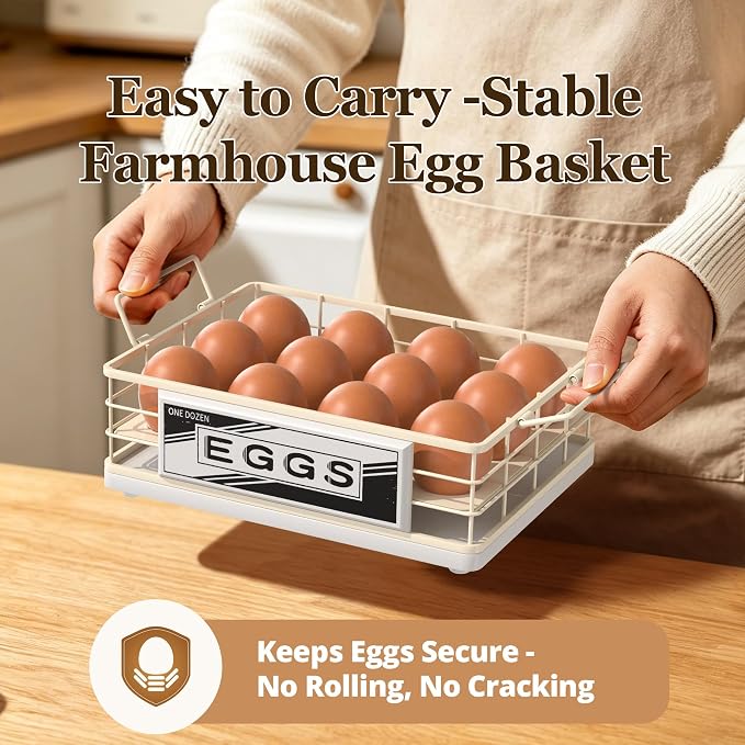 Farmhouse Egg Holder Countertop, Oak Wood & Metal Egg Basket with Handles | Stackable Rustic Egg Tray Organizer for Kitchen Counter, Holds 12 Eggs, Removable Divider for Fresh Egg Storage, White - Image 3