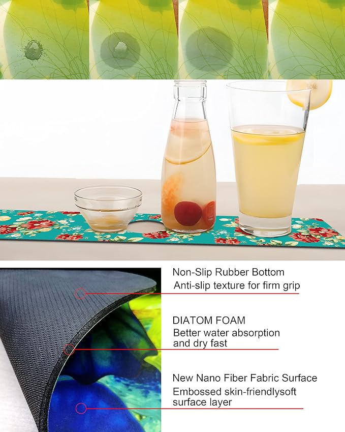 Kitchen Sink Splash Guard Faucet Mat Super Absorbent Fast Drying Mat Sink Gadgets Splash Guard Behind Faucet Drip Catcher for Kitchen (Boho Flowers, 23.5x5.5in) - Image 2