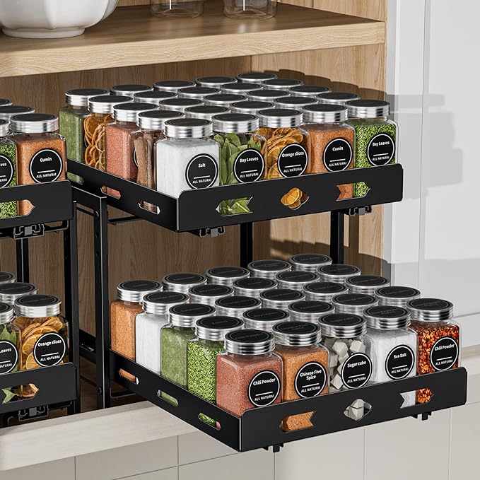 BOIVSHI Pull Out Spice Rack for Cabinet, 11.9''Wx10.8''Dx9.2''H | 2 Tier Kitchen Spice Shelf, Vertical Spice Organizer for Pantry, Height Adjustable, Individually Sliding Metal Shelves, Black by BOIVSHI
