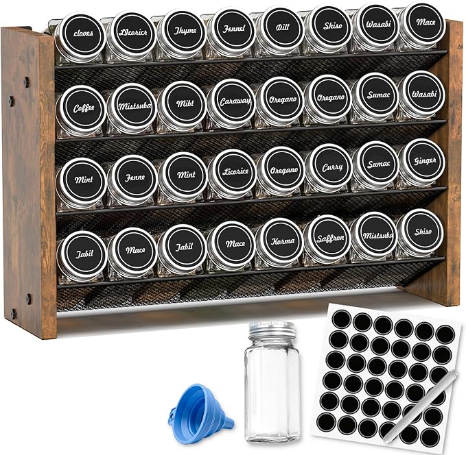 Spice Rack Organizer with 32 Glass Jars, for Cabinet Wall Mount Countertop | 4-Tier Seasoning Organizer with Labels, Chalk Marker & Funnel for Pantry, Kitchen Storage, Wood, 15.7 in W x 9.4 in H by NESAPTO