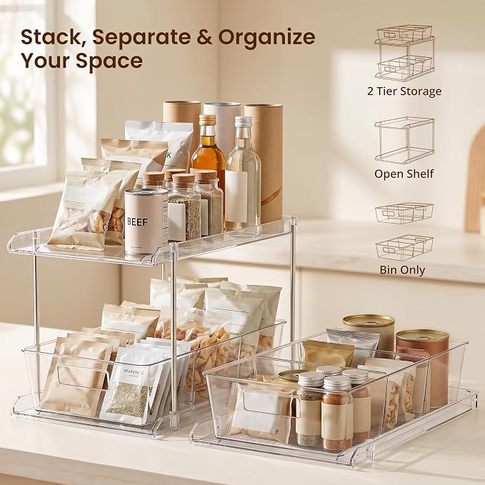 Bathroom Under Sink Organizers and Storage, 2 Tier, 2 Packs | Clear Vanity Countertop Pull-out Cabinet Organizer, Stackable Multi-Purpose Kitchen Pantry Organization with Dividers - Image 3