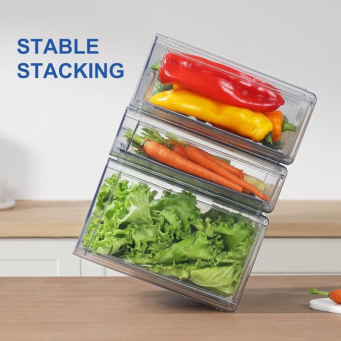 Refrigerator Organizers and Storage Drawers (2PCS, Large) | Produce Water Draining, BPA Free, Stackable, Clear, Fruit and Veggie Organization, Pull Out Bins - Image 6