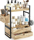 2-Tier Bathroom Counter Organizer with 2 Drawers, Basket and Hooks, Wood Bathroom Organizers and Storage for Countertop, Farmhouse Bathroom Countertop Organizer for Vanity, Kitchen, Coffee Bar, Office by Susoct