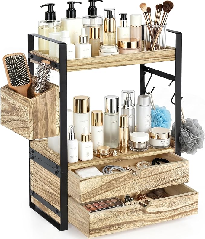 2-Tier Bathroom Counter Organizer with 2 Drawers, Basket and Hooks, Wood Bathroom Organizers and Storage for Countertop, Farmhouse Bathroom Countertop Organizer for Vanity, Kitchen, Coffee Bar, Office by Susoct