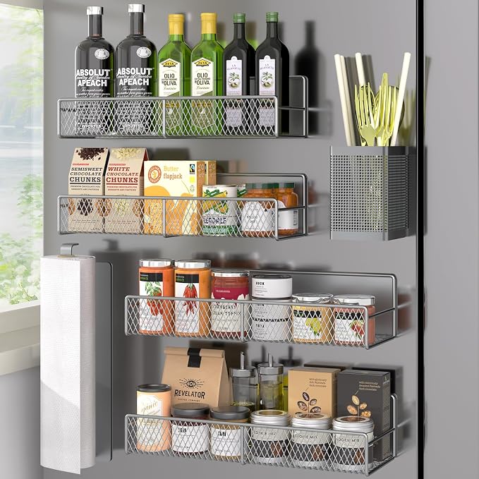 Magnetic Spice Rack for Refrigerator, 6 Pack Metal Magnetic Shelf Grey, Moveable Spice Organizer, Strong Magnetic Storage Fridge Organizer with Paper Towel Holder, Utensils Holder by DTUQYX